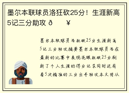 墨尔本联球员洛狂砍25分！生涯新高5记三分助攻 🔥